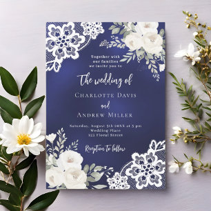 Invitation Mariage en dentelle florale bleu blanc