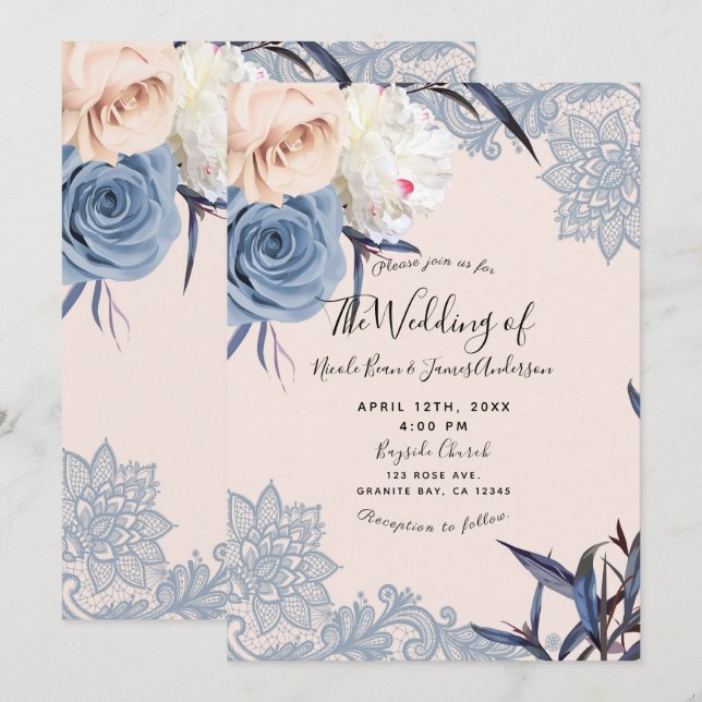Invitation Mariage en dentelle florale bleue poussiéreuse et  (Devant / Derrière)