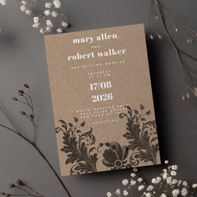 Invitation Mariage en dentelle noire brun rustique kraft (Rustic brown kraft paper black floral lace Wedding )