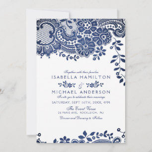 Invitation Mariage en dentelle vintage bleu et blanc