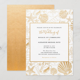 Invitation Mariage en écaille d'or Faux, thème plage