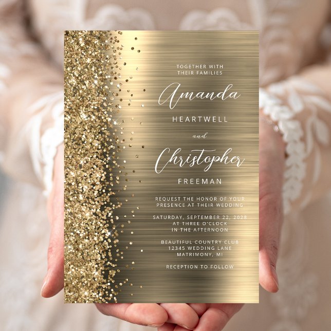 Invitation Mariage en écriture métallique dorée pailletée (Créateur téléchargé)