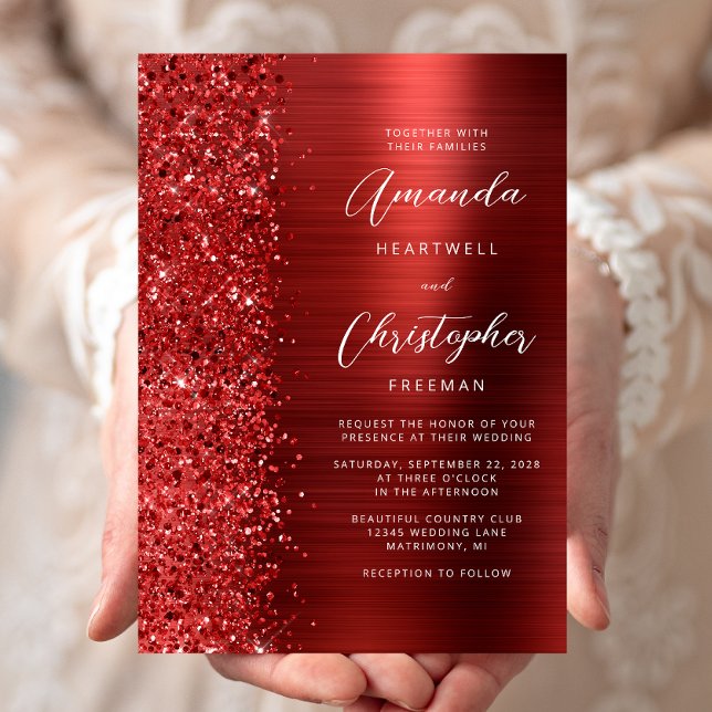 Invitation Mariage en écriture métallique rouge pailletée (Créateur téléchargé)