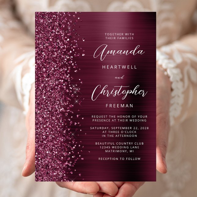 Invitation Mariage en écriture métallisée Burgundy brossée (Créateur téléchargé)