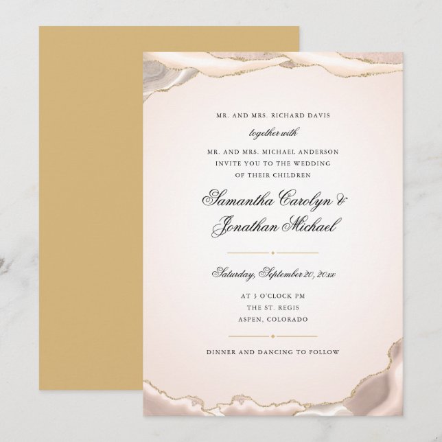 Invitation Mariage en écriture scintillante or agate rose (Devant / Derrière)