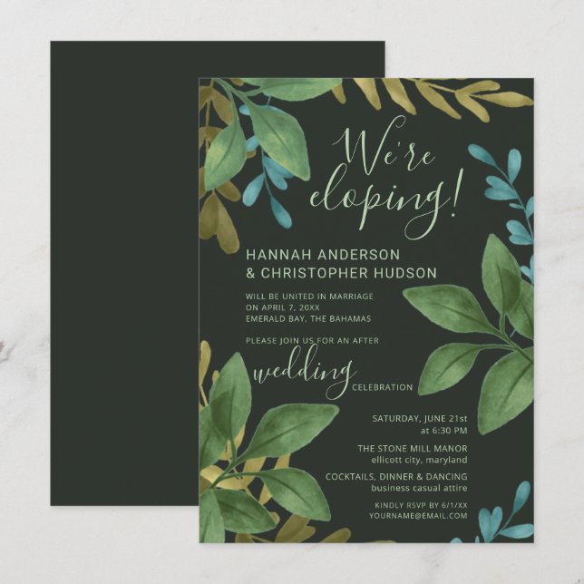 Invitation Mariage en Elopement avec Feuilles de Aquarelle Ré (Devant / Derrière)