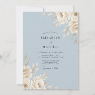 Invitation Mariage en feuille d'ivoire bleu acier