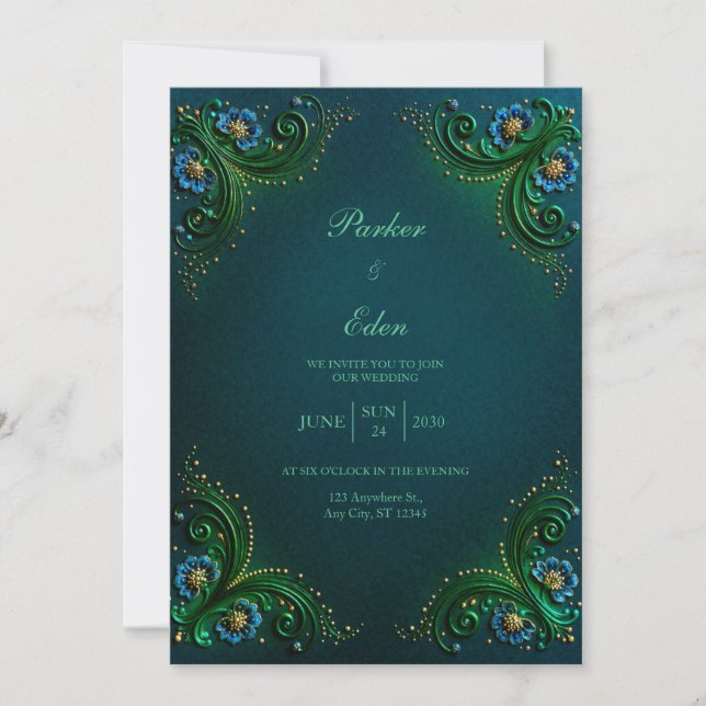 Invitation Mariage en filigrane d'émeraude et de saphir (Devant)