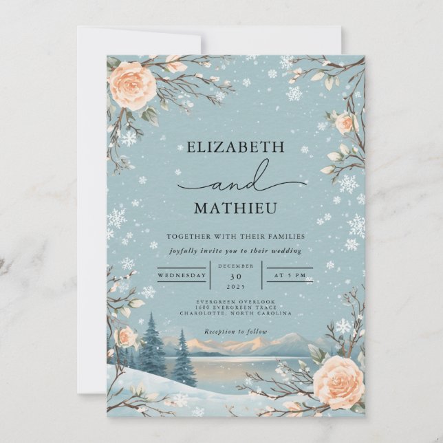 Invitation Mariage en fleurs hivernales gelées (Devant)