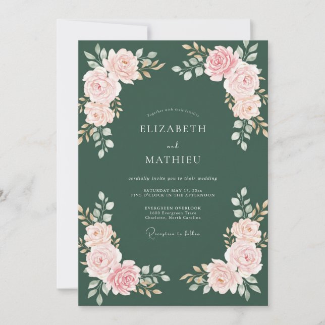 Invitation Mariage en forêt aux pivoines roses (Devant)