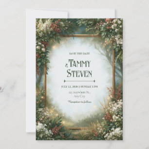 Invitation Mariage en forêt avec cadre doré brumeux