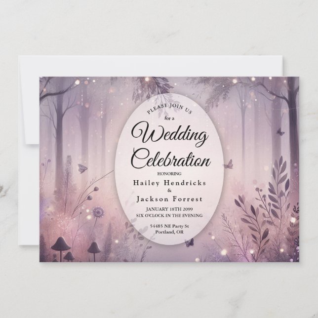 Invitation Mariage en forêt avec des lumières de fée éthérées (Devant)