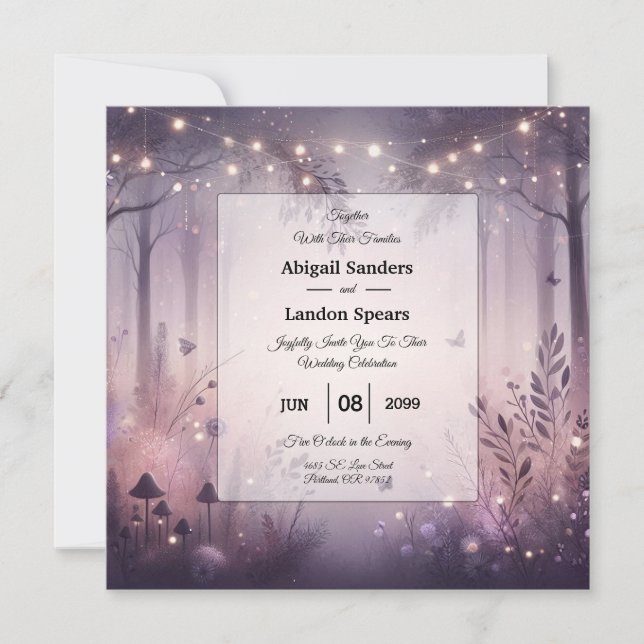Invitation Mariage en forêt avec des lumières de fée éthérées (Devant)