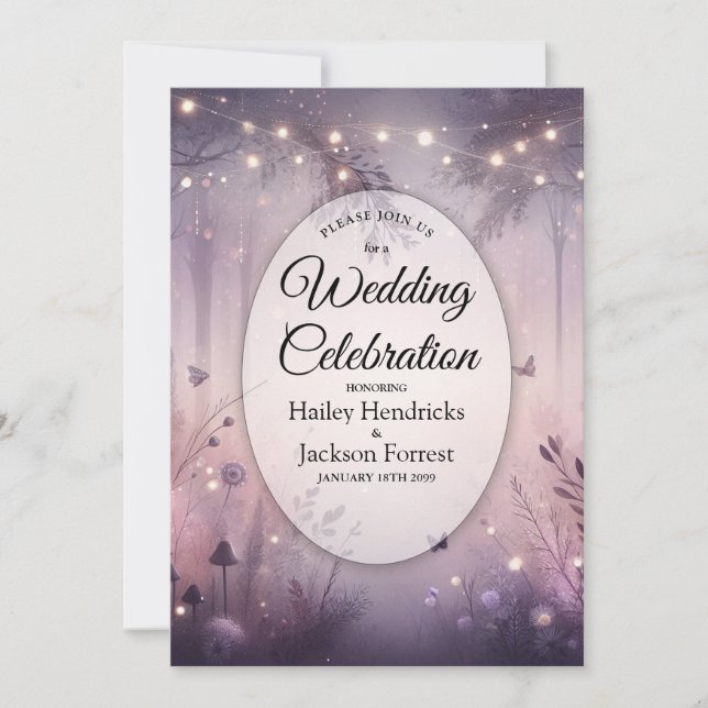 Invitation Mariage en forêt avec des lumières de fée éthérées (Devant)