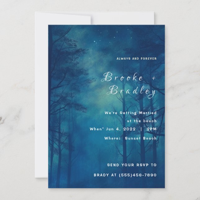 Invitation Mariage en forêt bleu minuit (Devant)