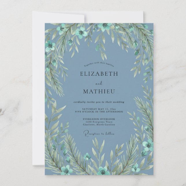 Invitation Mariage en forêt boisée de bleu ardoise (Devant)