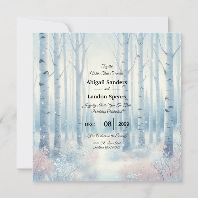 Invitation Mariage en forêt de bouleaux bleus givrés (Devant)