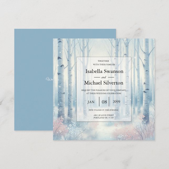 Invitation Mariage en forêt de bouleaux bleus givrés (Devant / Derrière)