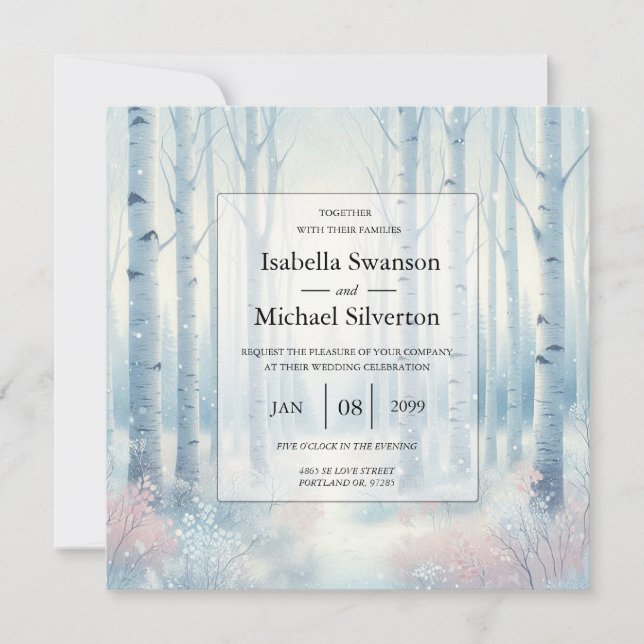 Invitation Mariage en forêt de bouleaux bleus givrés (Devant)