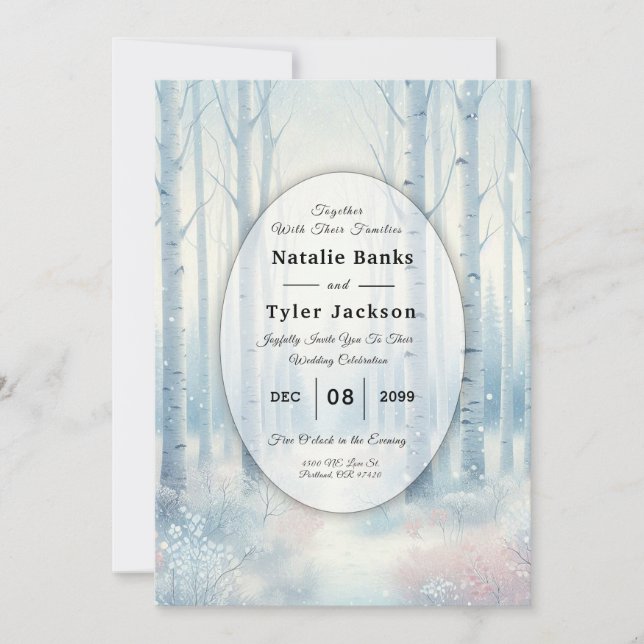 Invitation Mariage en forêt de bouleaux bleus givrés (Devant)