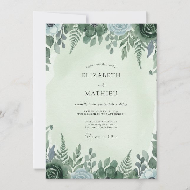 Invitation Mariage en forêt de fougère sauge (Devant)