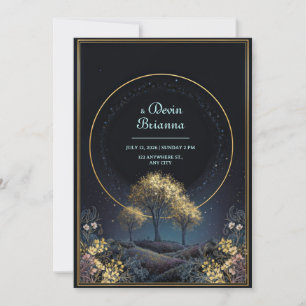 Invitation Mariage en forêt de minuit avec halo doré lumineux