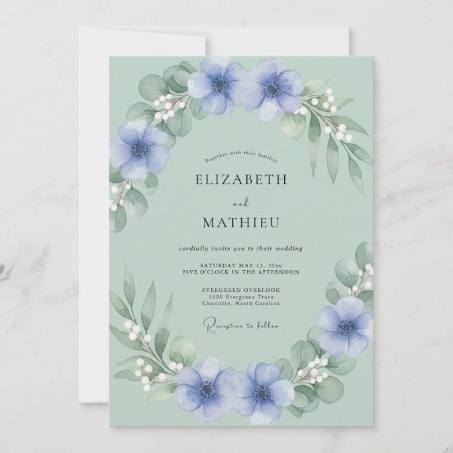 Invitation Mariage en forêt de pervenche vert sauge (Devant)
