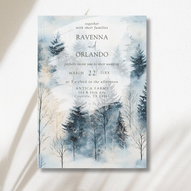 Invitation Mariage en forêt de pins enneigée sous le brouilla (Créateur téléchargé)