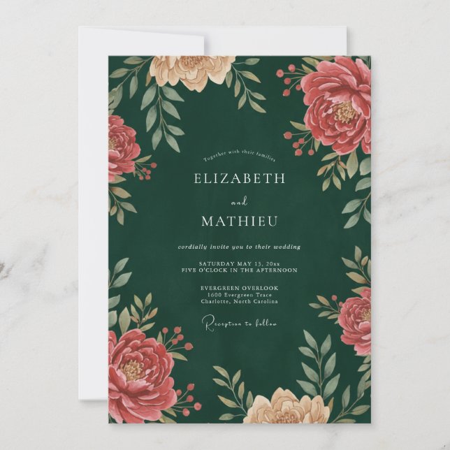 Invitation Mariage en forêt de pivoines écarlates (Devant)