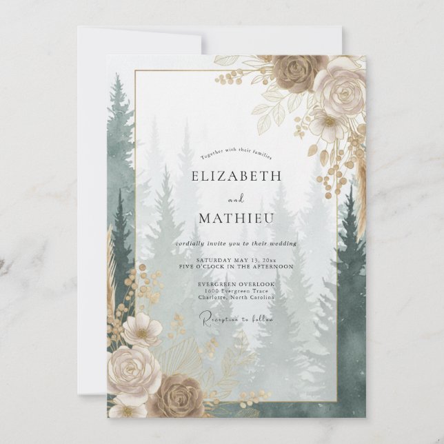 Invitation Mariage en forêt d'eucalyptus or champagne (Devant)