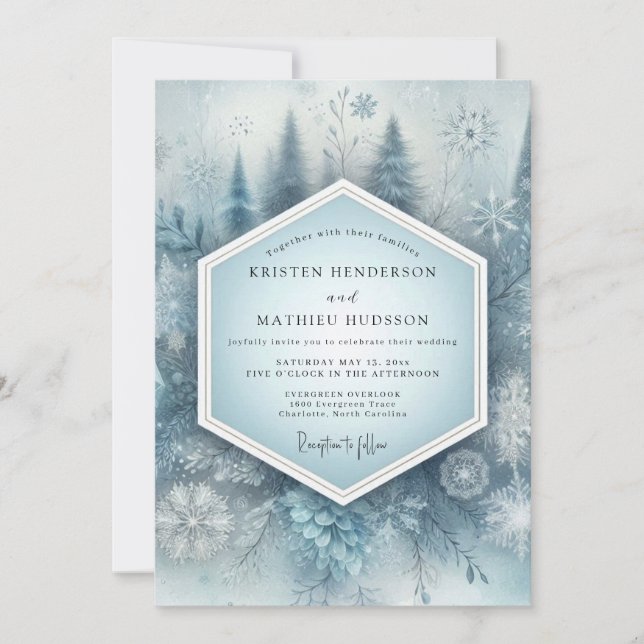 Invitation Mariage en forêt enneigée bleu ardoise (Devant)