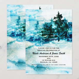 Invitation Mariage en forêt enneigée de pins aquarelle hivern