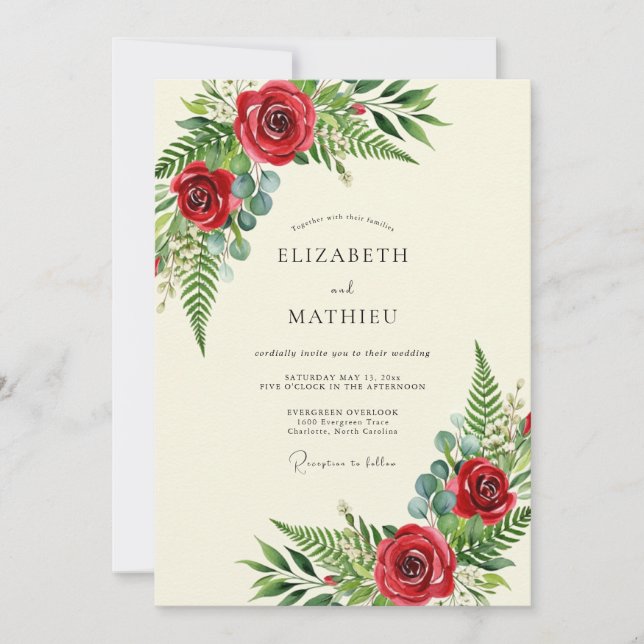 Invitation Mariage en forêt luxuriante rouge (Devant)