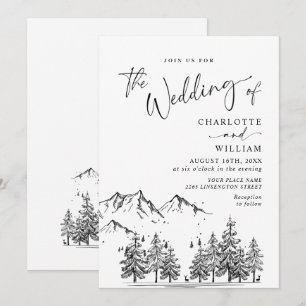 Invitation Mariage en forêt montagneuse dessiné à la main