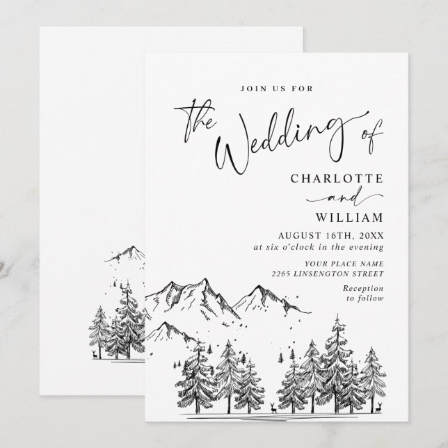 Invitation Mariage en forêt montagneuse dessiné à la main (Devant / Derrière)