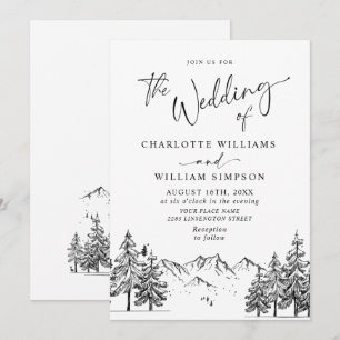 Invitation Mariage en forêt montagneuse dessiné à la main