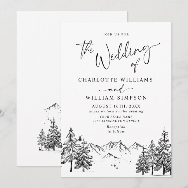 Invitation Mariage en forêt montagneuse dessiné à la main (Devant / Derrière)