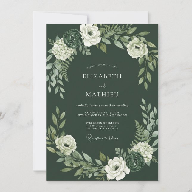 Invitation Mariage en forêt raffiné vert mousse (Devant)