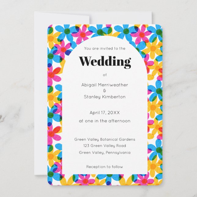 Invitation Mariage en forme d'arc de fleur hippie brillant et (Devant)