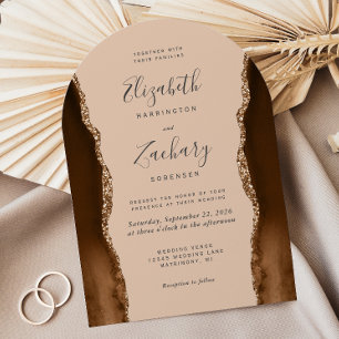 Invitation Mariage en forme d'arche Brun Moka Agate Doré