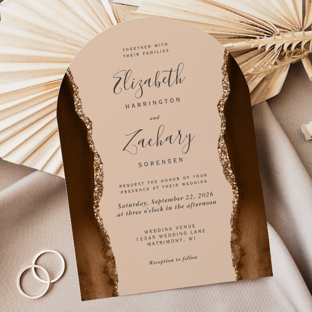 Invitation Mariage en forme d'arche Brun Moka Agate Doré (Créateur téléchargé)