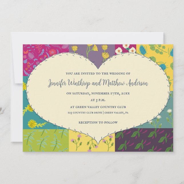 Invitation Mariage en forme de coeur et de surface de patchwo (Devant)