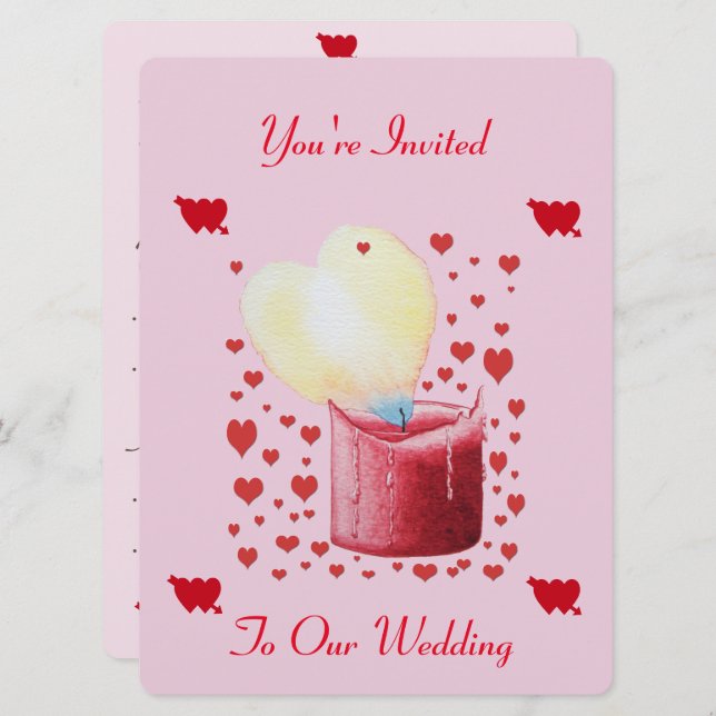 Invitation mariage en forme de coeur flamme rose et rouge (Devant / Derrière)