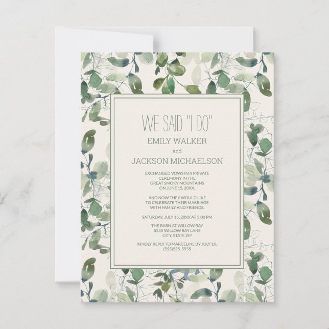 Invitation Mariage en fuite avec feuilles d'eucalyptus vert s (Devant)