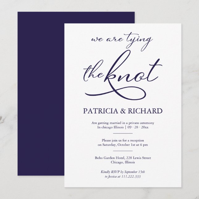 Invitation Mariage en fuite bleu marine et blanc calligraphié (Devant / Derrière)