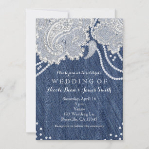 Invitation Mariage en Jean en Denim Perles et Dentelle blanch
