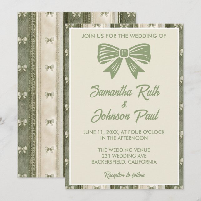 Invitation Mariage en Jean Rustique Vert Sauge (Devant / Derrière)