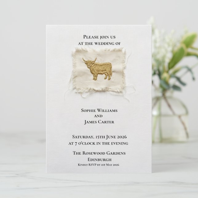 Invitation Mariage en lin rustique avec vache des Highlands é (Debout devant)