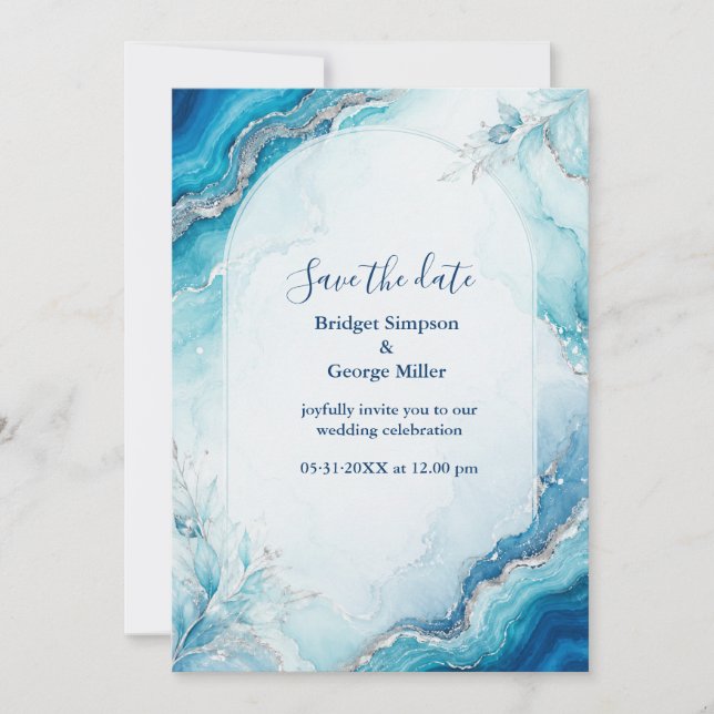 Invitation Mariage en marbre Aqua Agate Luxe Côté Mer (Devant)