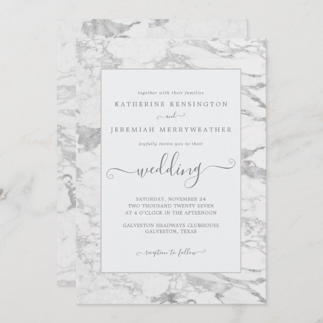 Invitation Mariage en marbre argenté de luxe (Devant / Derrière)
